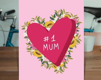 Cute Card For Mum | Pretty Mothers Day Card | Birthday Card | From Son Daughter | For A Special Mum | Pretty Heart & Flower Design | #1 Mum