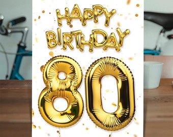 80th Birthday Gold Balloon Card | For Women Men Him Her | Wife Husband | Mum Dad Nan Grandad Aunt Uncle | Milestone Birthday Card