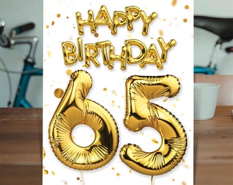 65th Birthday Card Gold Balloon Red | For Women Men Him Her | Wife Husband | Mum Dad Nan Grandad Aunt Uncle | Milestone Birthday Card