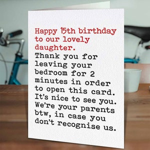 Funny 15th Birthday Card For Daughter | Cheeky Daughter cards | Hilarious Cards For Teenagers Who Don't Leave Their Bedrooms