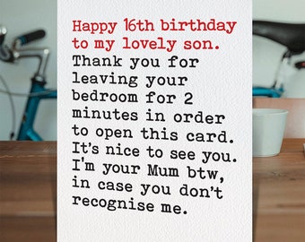 Funny 16th Birthday Card For Son From Single Parent Mum | Cheeky Son cards | Hilarious Cards For Teenagers Who Don't Leave Their Bedrooms