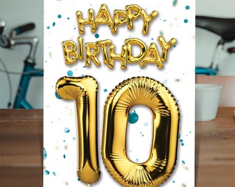 10th Birthday Gold Balloon Card Blue | For Him Her Boy Girl | Son Daughter | Sister Brother | Niece Nephew | Milestone Birthday Card