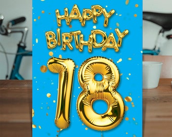 18th Birthday Gold Balloon Card Blue | For Him Her Boy Girl | Son Daughter | Friend Mate Bestie | Niece Nephew | Milestone Birthday