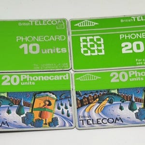 4x schede telefoniche d'epoca, cabina telefonica anni '80, 2x scena invernale innevata con donna retrò e 2 standard, grande storia sociale.