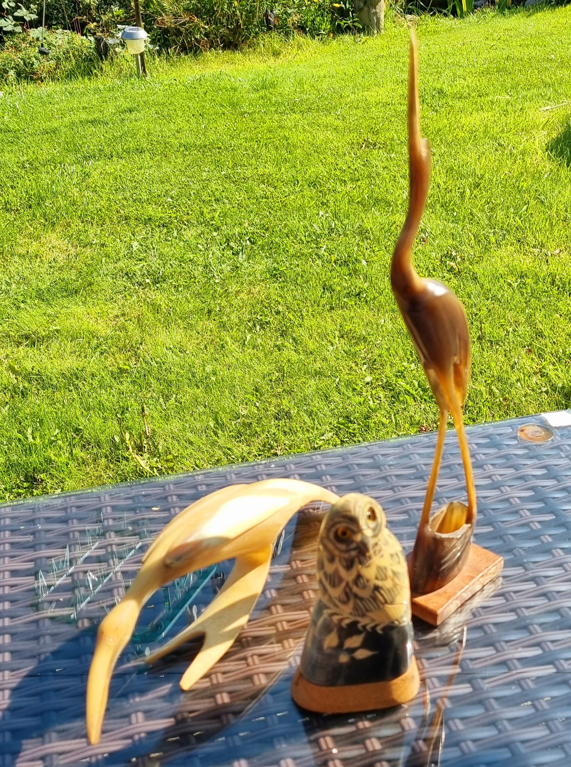 3x Vintage Buffalo Horn Sculpture, Owl Birds, Canadian Design Heron Crane Figure. Owl, app 14cms,