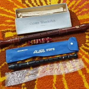 May include: A collection of musical instruments, including a brown wooden recorder with the text "Günter Wunderlich" on the box, a blue case with the text "ALLOS SOPRANO E No. 803", and a black recorder.