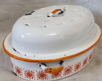 Vintage Enamel Metal Roasting Pan Dish LidFloral Orange and white Retro 1960s 70s Atomic era.approx 33 x 24 x 14cms h. display or prop.
