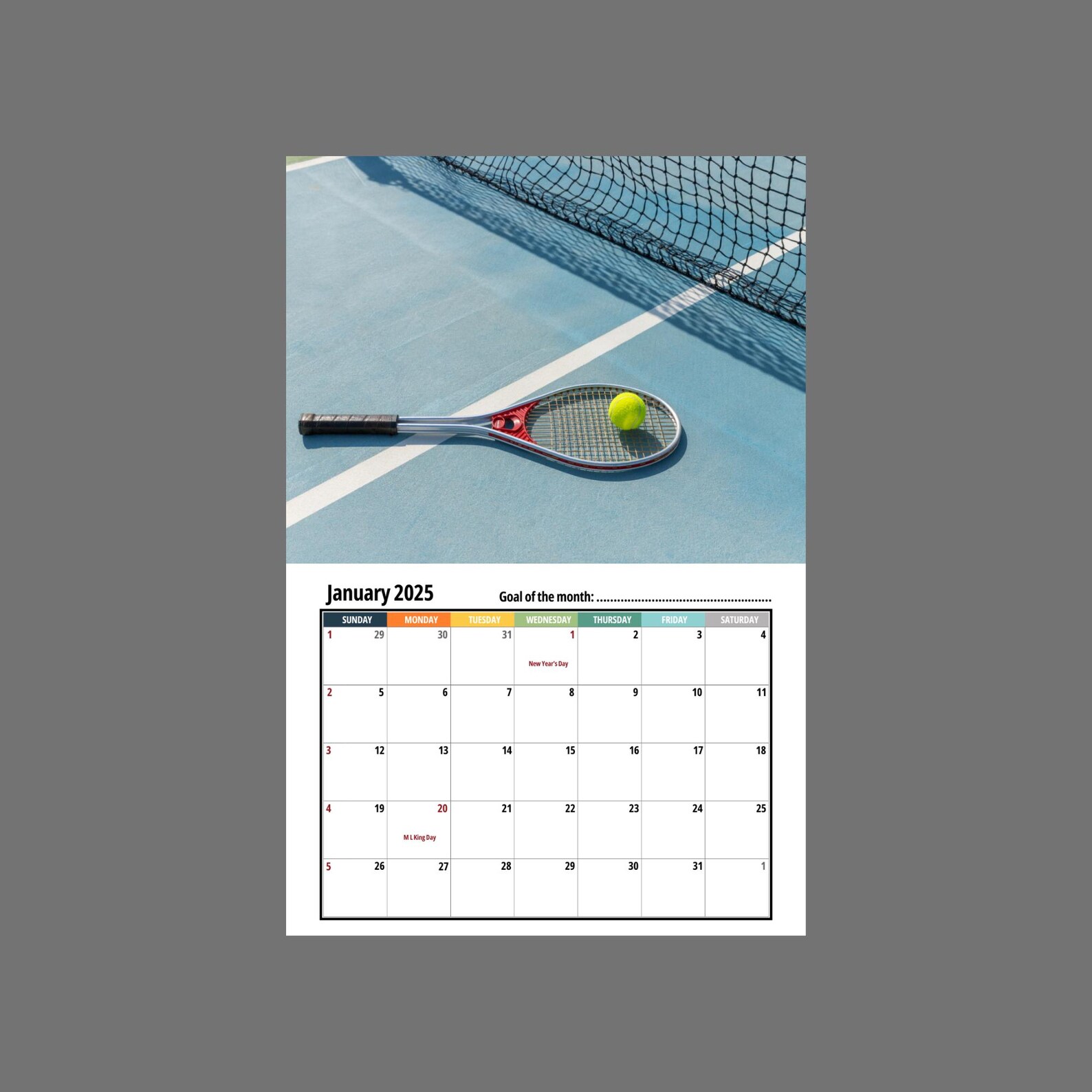 Tennis Wall Calendar 2025 Etsy