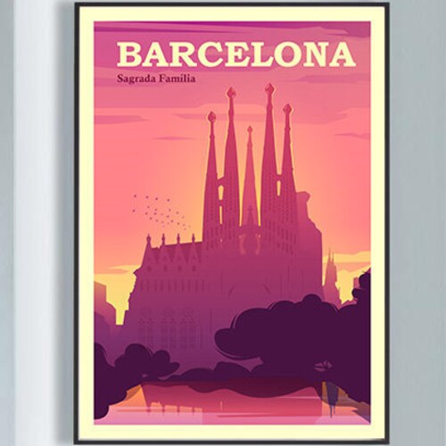 Barcelona Spain Vintage Style Travel Poster Etsy