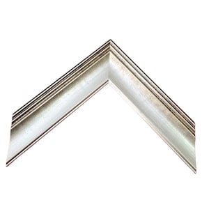 May include: A silver picture frame corner, displaying a metallic finish with a subtle, textured appearance. The frame's design features a layered construction, with a slightly distressed look. The corner is angled, suggesting a complete frame.