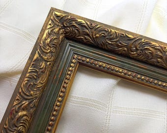 Vintage Green Ornate Picture Frame with Gold Antique Finish, 2 3/8″Textured Design