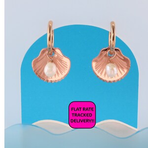 Rose Gold Hoop Earrings Mirrored Rose Gold Shell and fFreshwater Pearl Charms -(19mm Hypoallergenic Stainless Steel Hoops)