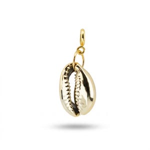May include: A gold-toned metal pendant shaped like a cowrie shell, featuring a smooth, reflective surface and a central opening with serrated edges. The pendant includes a small circular jump ring at the top for attachment to a chain or cord.