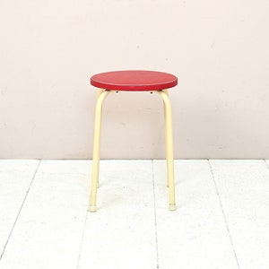 MidCentury Vintage Metal Stool with Red Cushion - Retro Danish Design