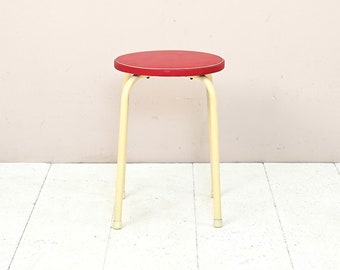 MidCentury Vintage Metal Stool with Red Cushion - Retro Danish Design