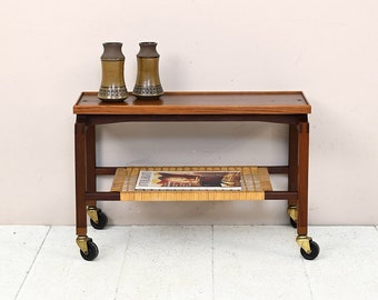 MidCentury Wooden and Rattan Cart from the '60s, Original Danish Retro Scandinavian Style