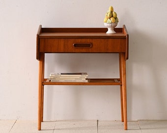 Vintage Teak and Birch Bedside Table with Rattan Magazine Rack