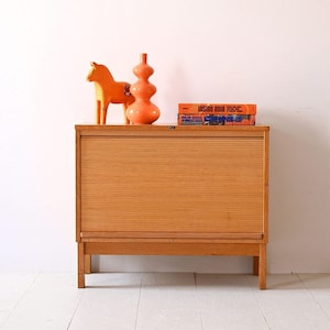 Vintage Oak Office Cabinet with Roll-Top Scandinavian 1960s Charm image 1