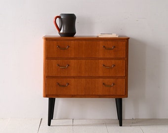 Small Teak Chest of Drawers with Metal Handles - 1960s Scandinavian Design