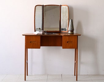 Vintage Teak Scandinavian Vanity with Folding Mirror - Timeless Elegance for Your Space