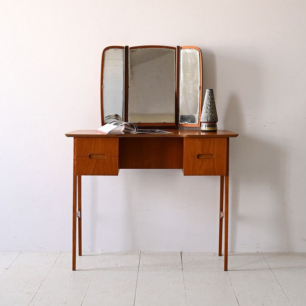 Vanité scandinave vintage en teck avec miroir pliant - Élégance intemporelle pour votre espace