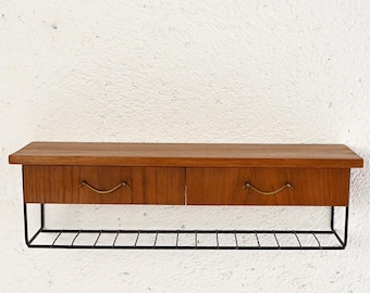 Vintage Scandinavian Teak Wall-Mounted Shelf with Double Drawer - Danish Design 1960s