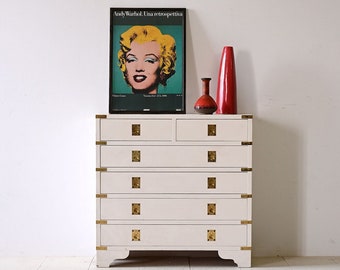 Élégante commode scandinave vintage blanche à 6 tiroirs avec touches de laiton