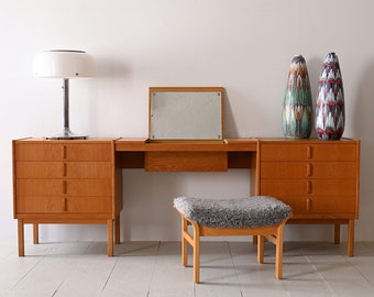 Vintage Oak Desk with Drawers and Hidden Mirror - Scandinavian Design