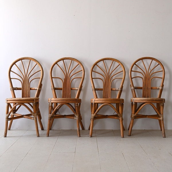 Vintage Bamboo Chairs Set - Retro Natural Furniture Dining Seating