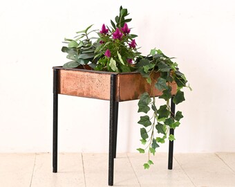 Vintage Metal Planter with Copper Insert, Mid-Century Modern Plant Stand