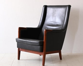 Vintage Karl Erik Ekselius Black Faux Leather Lounge Chair with Wooden Frame