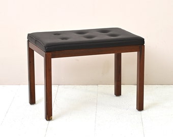 MidCentury Rosewood and Black Leather Pouf/Stool - Scandinavian Retro Design, Modernist Footrest