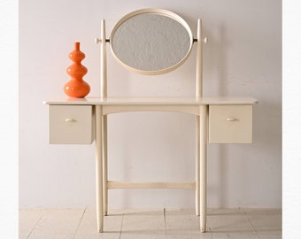 Vintage Scandinavian Dressing Table with Round Mirror - White Painted Vanity