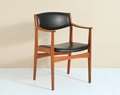MidCentury Vintage teak wood and leather chair with chops, original retro Scandinavian design