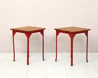 MidCentury Pair of Red Metal and Wood Stools - Retro Danish Design