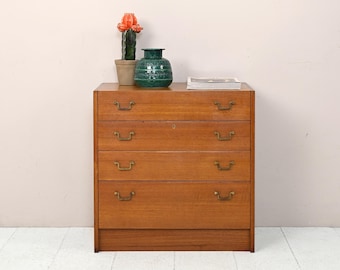 Danish Scandinavian Teak Chest of Drawers - Vintage Nightstand with Metal Handles, Original Danish Nordic Style, Denmark Design