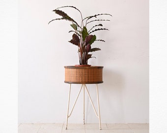 Vintage 1960s Scandinavian Plant Stand - Round Wooden and Metal Planter