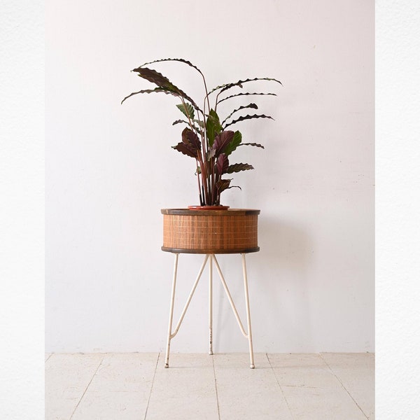 Vintage 1960s Scandinavian Plant Stand - Round Wooden and Metal Planter