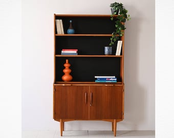 Bibliothèque vintage en teck avec étagère coulissante - Rangement rétro scandinave