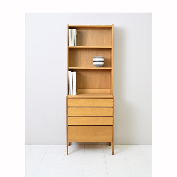 Bibliothèque vintage en chêne avec tiroirs, originale des années 1960 - Design rétro scandinave