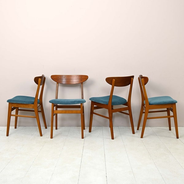 MidCentury Set of 4 Danish Teak Wood Chairs from the '50s with Upholstered Seats - Original Vintage Scandinavian Style