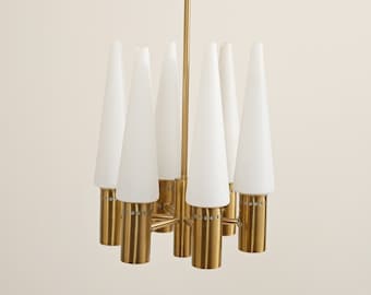 MidCentury Hans-Agne Jakobsson Brass and Opaline Glass Pendant Lamp, Vintage Home Design Decor 50s 60s