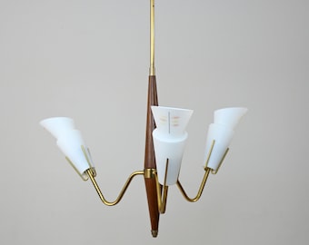 Vintage Pendant Lamp with Opaline Glass - Teak and Bronze