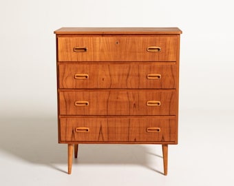 Vintage Scandinavian Teak Chest of Drawers, 4 Drawer Dresser, Mid Century Teak & Oak Cabinet, Recessed Handles, 1950s