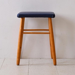 Retro Vintage Wooden Stool with Dark Blue Faux Leather Seat