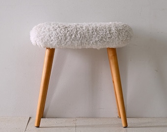 Chic Vintage Scandinavian Stool - 1960s Elegance in Wood and Long-Haired Fabric