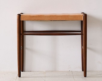 Vintage Scandinavian Stool with Faux Leather Seat - Retro Wooden Seating