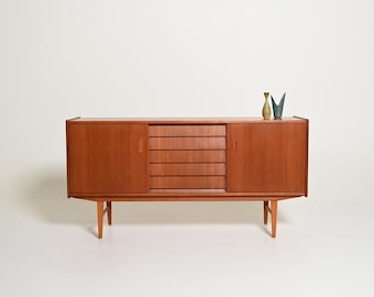 Scandinavian Teak Sideboard 1960s – Mid Century Modern Sideboard with Sliding Doors and 5 Tile Drawers, Danish Modern Storage Cabinet