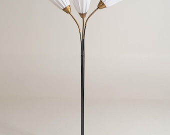 Vintage Swedish Floor Lamp, 1950s Three Light Brass & Black Metal Lamp, Scandinavian Mid Century Floor Light, Pleated Shades