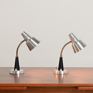Può includere: Una coppia di lampade da tavolo con paralumi conici in metallo argentato, bracci flessibili color ottone e basi nere affusolate con piedini circolari in metallo argentato. Ogni lampada include un piccolo interruttore bianco sulla base.